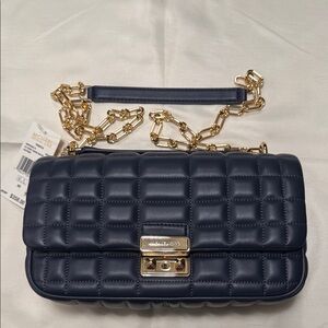 NWT Michael Kors Dark Blue Quilted Shoulder Bag with Gold Chain